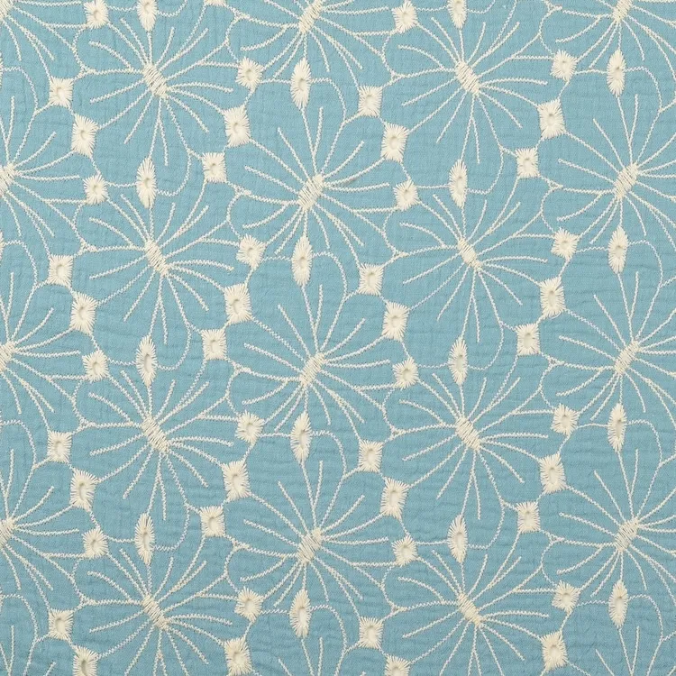 Double Gauze Cotton Fabric with Embroidered Floral Design on Sky Blue