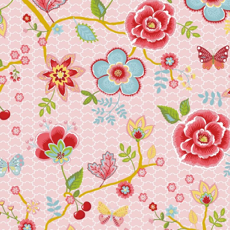 Cotton Poplin Fabric in Pink with Large Foral, Birds and Butterflies