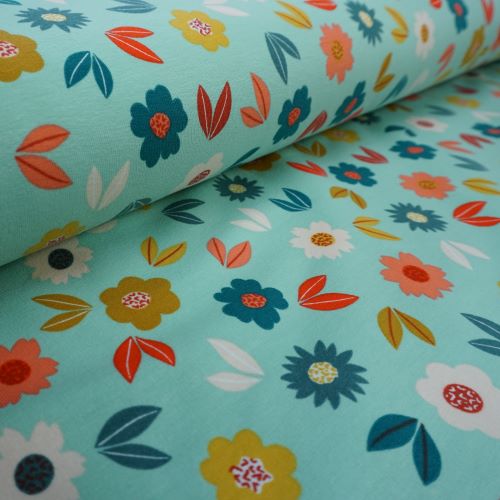 French Terry Fabric - Mint with a Modern Flower 