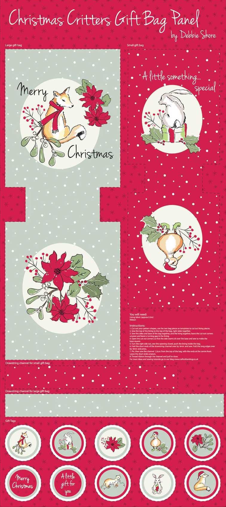 Quilting Fabric Panel - Christmas Critters Gift Bag Panel by Debbie Shore for The Craft Cotton Co.