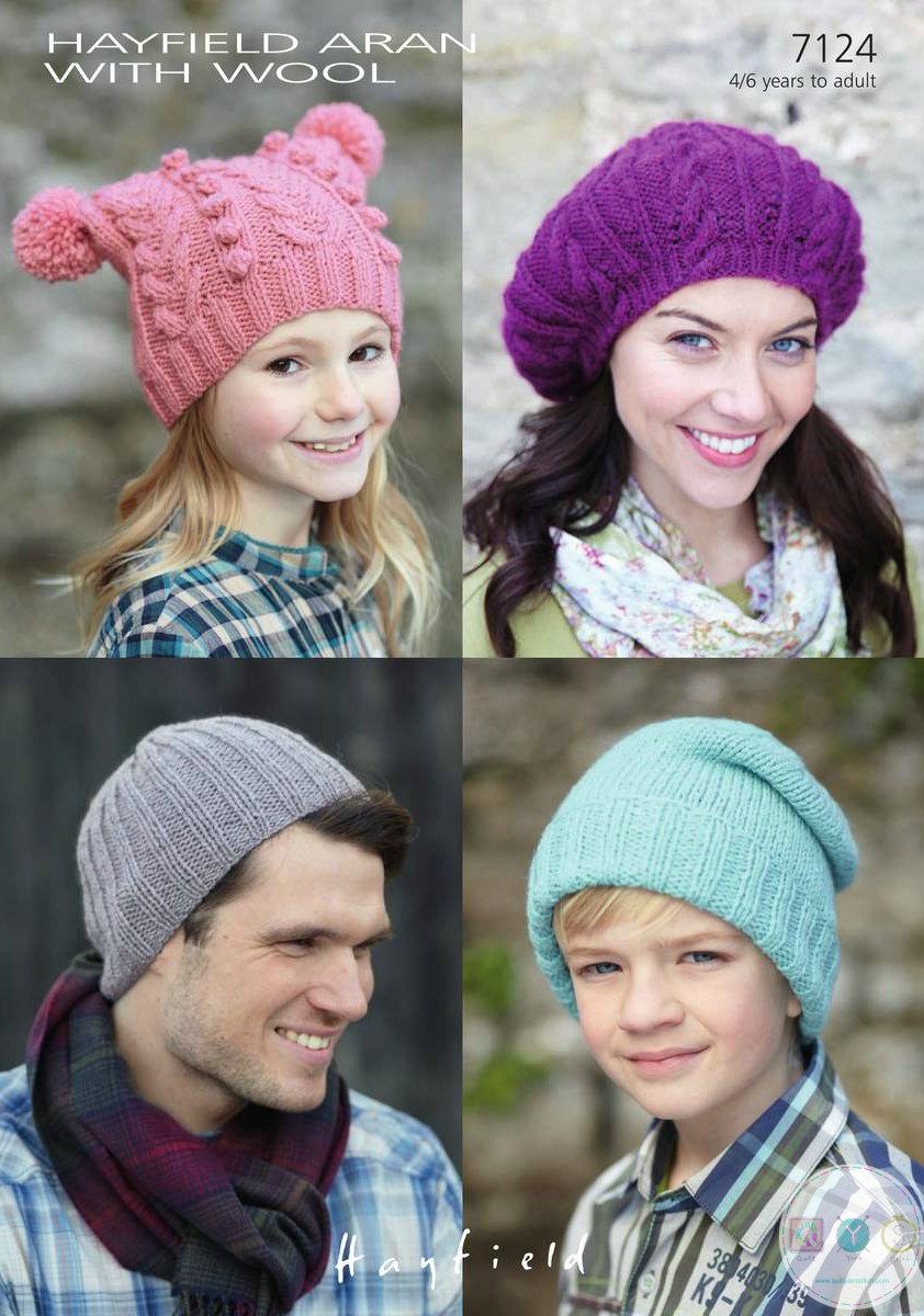 Knitted Aran Hat Pattern - 4 wool hat designs - Hayfield 7124