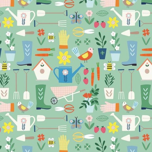 Quilting Fabric - Gardening Tools on Green from Hobbies by Sally Payne for Dashwood Studios 2256
