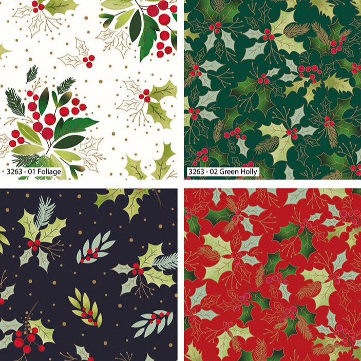 Quilting Fabric - Fat Quarter Bundle - Traditional Holly with Metallic Accents by The Craft Cotton Company