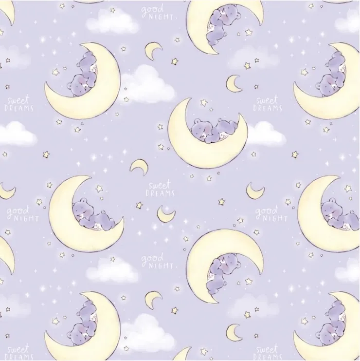 Quilting Fabric - Bear on Moon in Purple from Care Bears Baby Make a Wish by Camelot 44011105-01