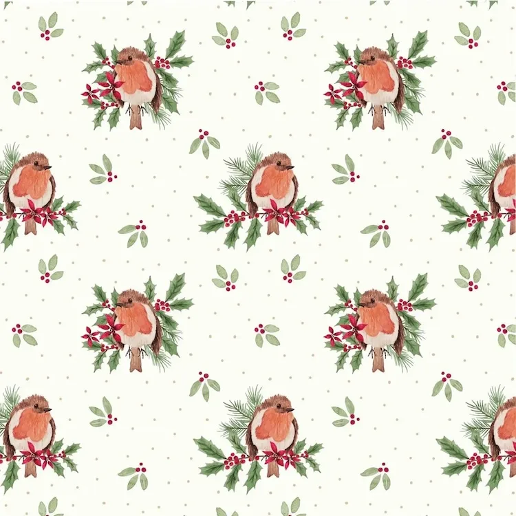 Quilting Fabric - Robin on Holly Branches on White from Merry Little Robin by The Craft Cotton Company 3786-01
