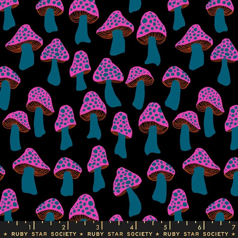 Quilting Fabric Mushrooms on Black from Darlings 2 Collaborative Collection for Ruby Star