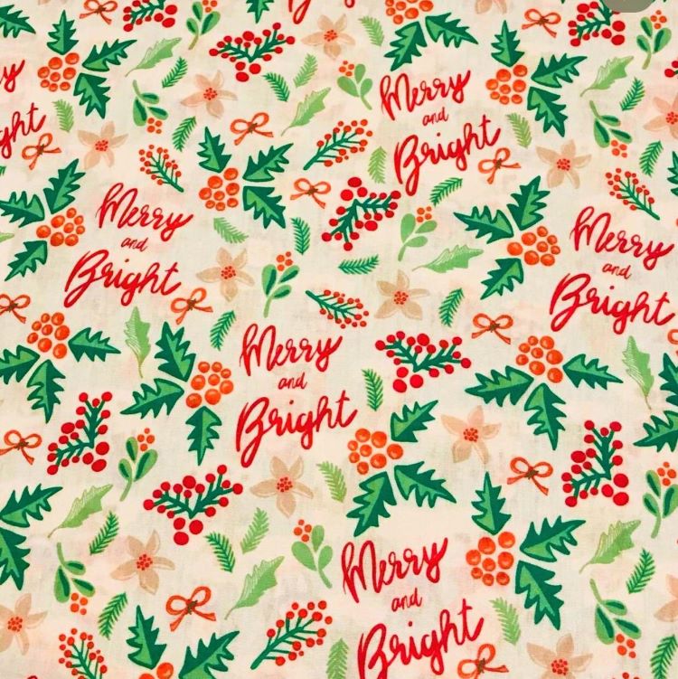 Cotton Poplin Fabric with Merry and Bright  Christmas Greeneryon White