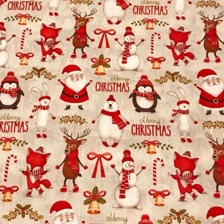 Cotton Poplin Fabric with Santa and his Animal Friends On Beige