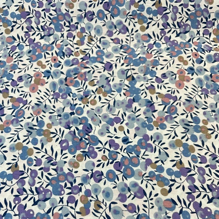Cotton Poplin Fabric with Lilac Berries and Leaves on White