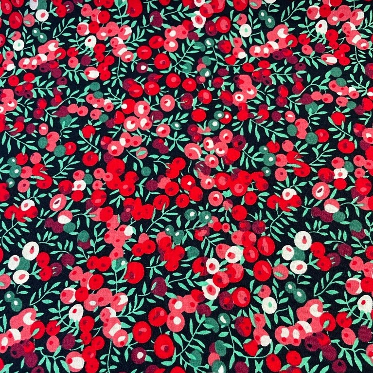 Cotton Poplin Fabric with Red Berries and Leaves on Black
