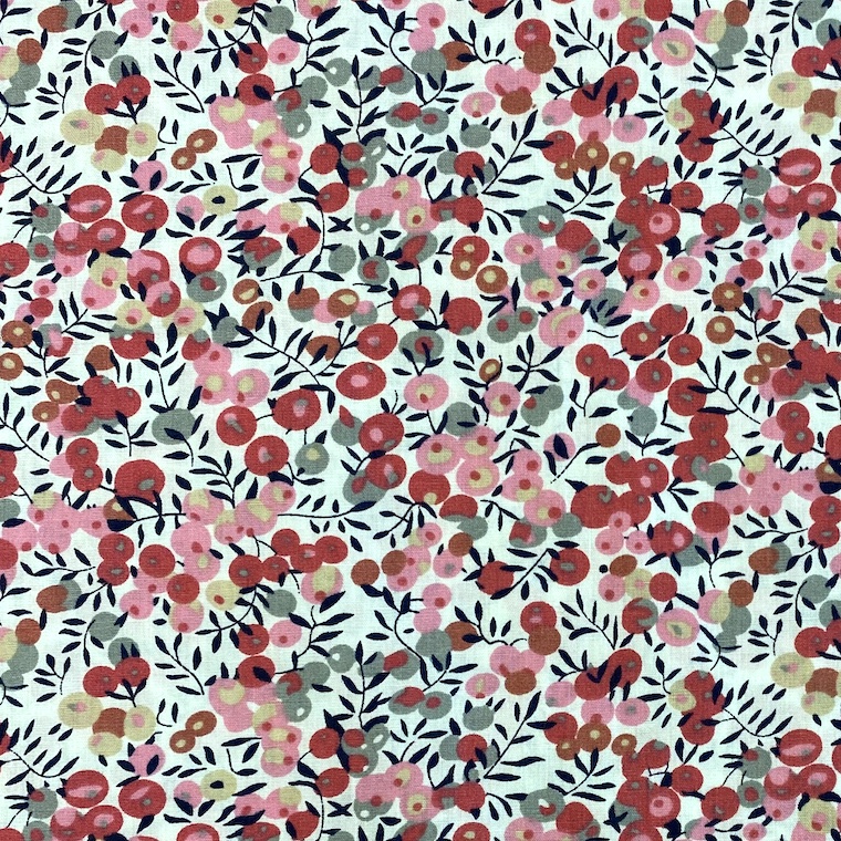 Cotton Poplin Fabric with Pink Berries and Leaves on White