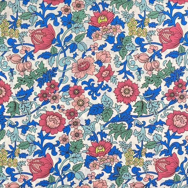 Cotton Poplin Fabric with Blue and Pink Floral on White
