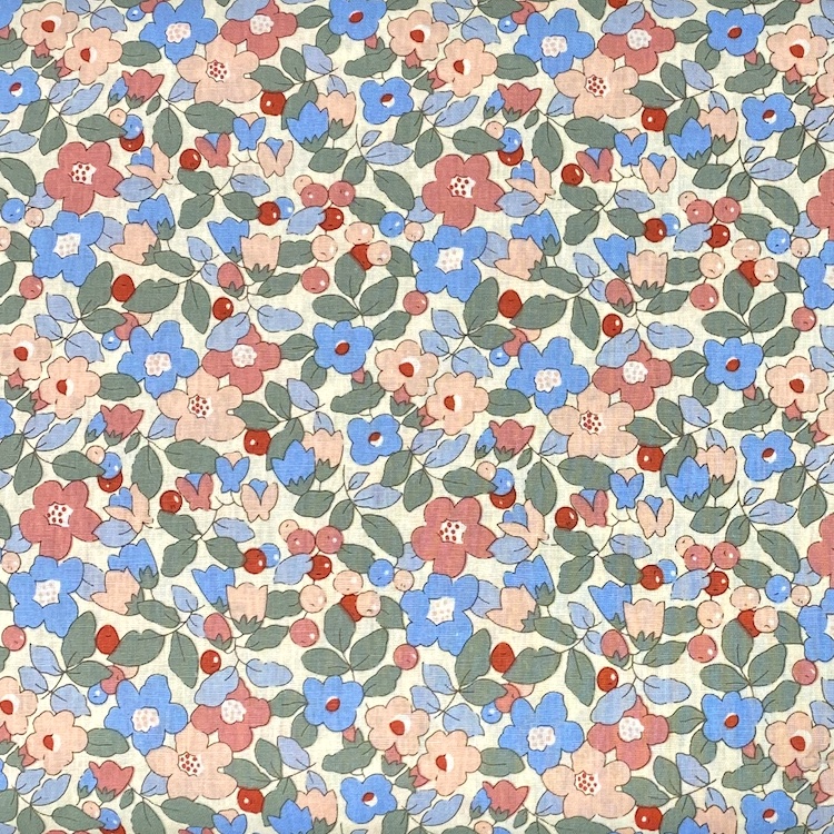 Cotton Poplin Fabric with Vintage Blue And Pink Flowers on Cream