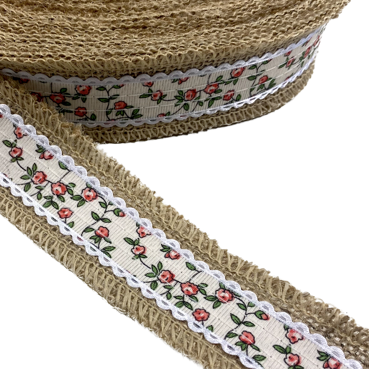 40mm Hessian Trim with Floral Ribbon