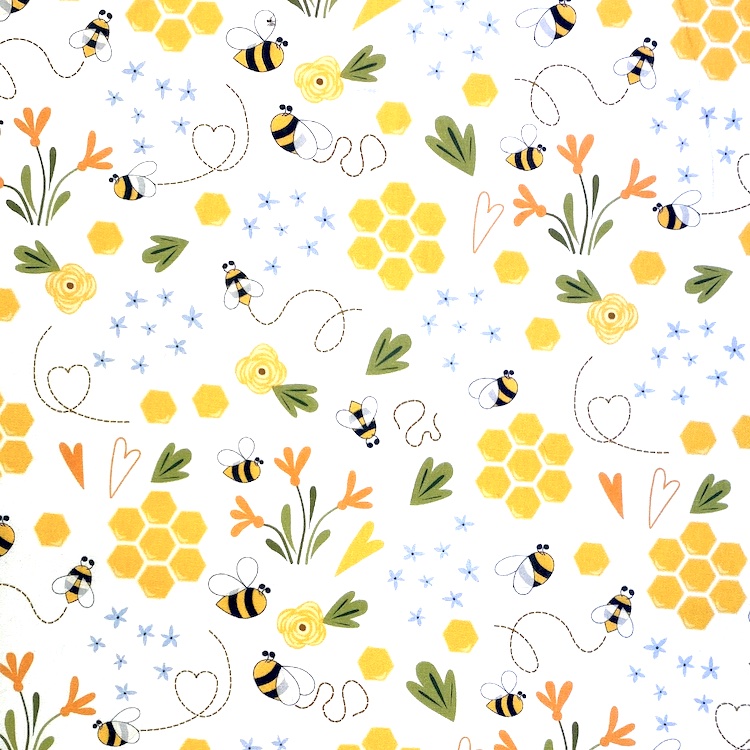 Cotton Poplin Fabric with Cute Bees and Flowers on White 