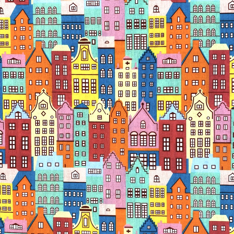 Cotton Poplin Fabric with Colourful Crowded Houses