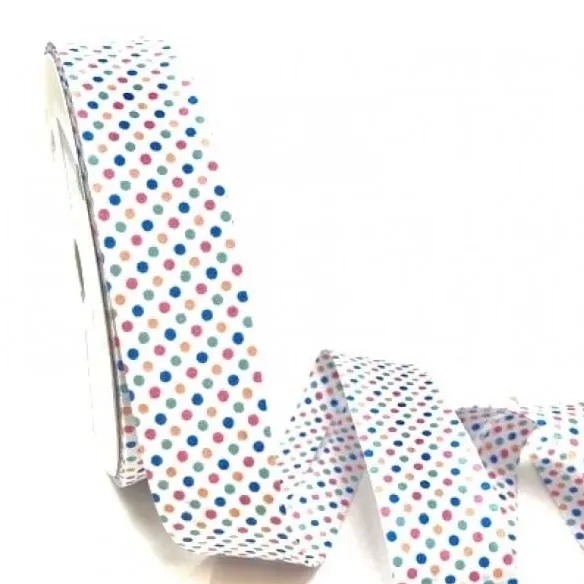Bias Binding in Multicolured Spots on White Col 603 - 30mm Wide by Fany