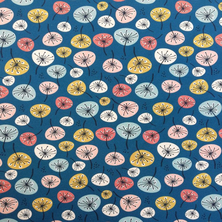 Brushed French Terry Fabric with Modern Flowers on Jeans Blue