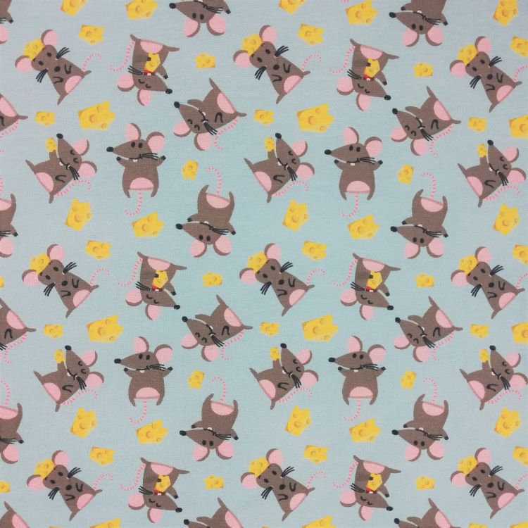 Cotton Jersey Fabric with Mouse and Cheese and Aqua Blue