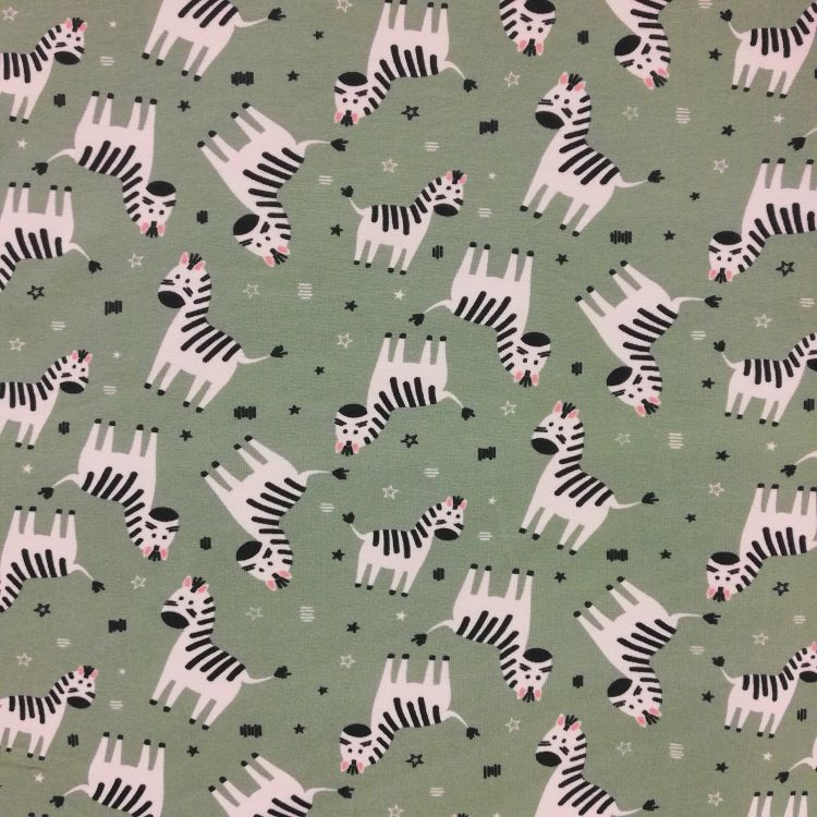 Cotton Jersey Fabric with Zebras on Sage Green