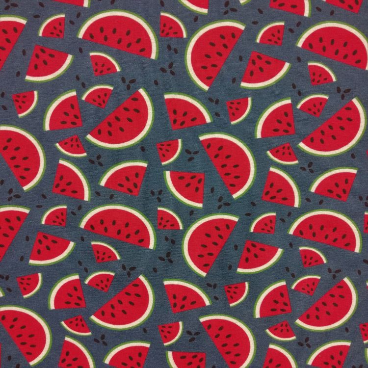 Cotton Jersey Fabric with Watermelons on Jeans Blue