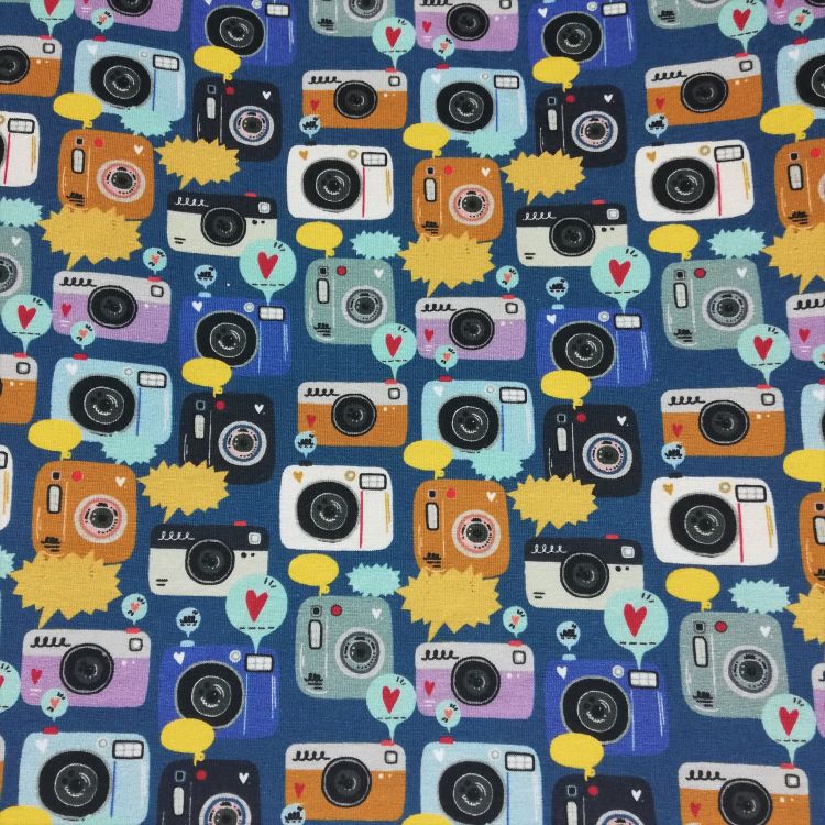 Cotton Jersey Fabric with Cameras on Jeans Blue