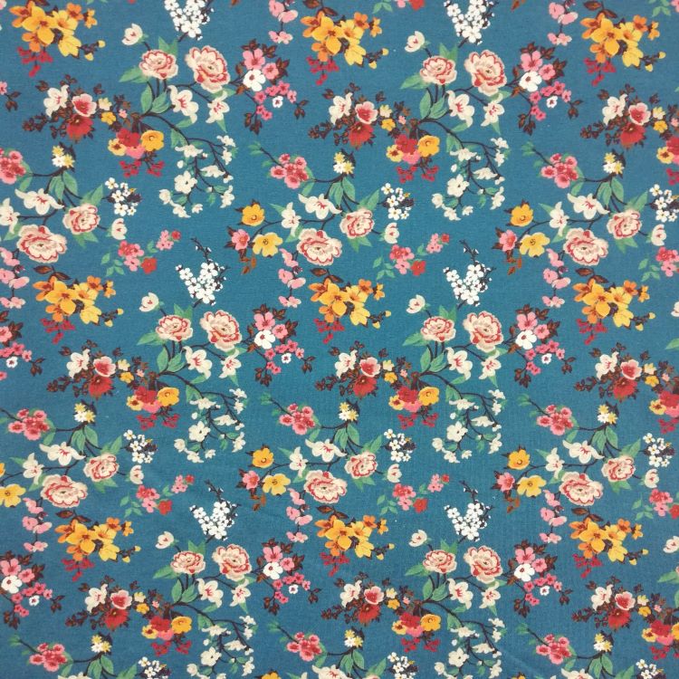 REMNANT - 0.55m - Cotton Jersey Fabric with Spring Bouquet on Jeans Blue