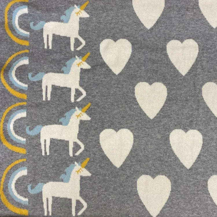Cotton Jaquard Knit Fabric with Hearts and Unicorns on Grey