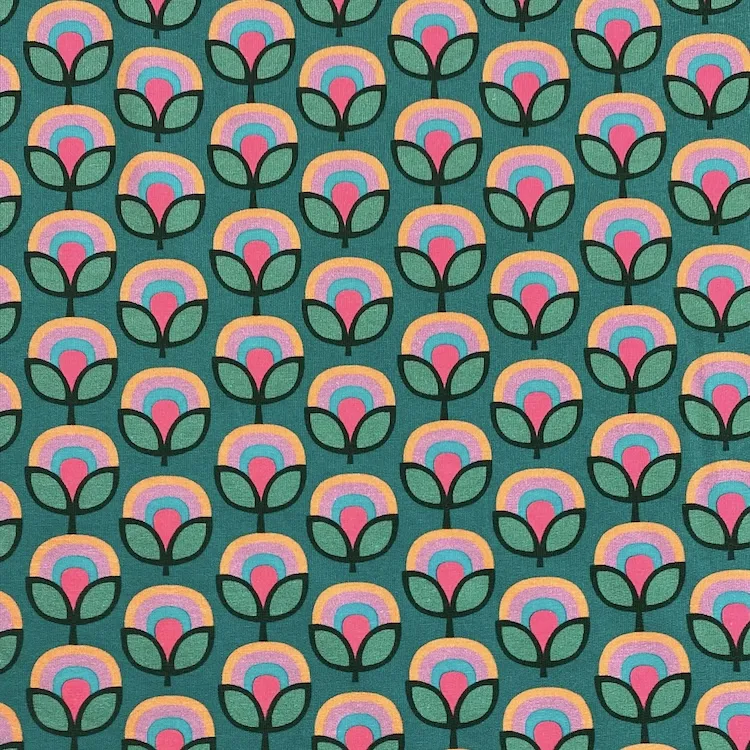 French Terry Cotton Fabric with Modern Geometric Flowers on Teal Green
