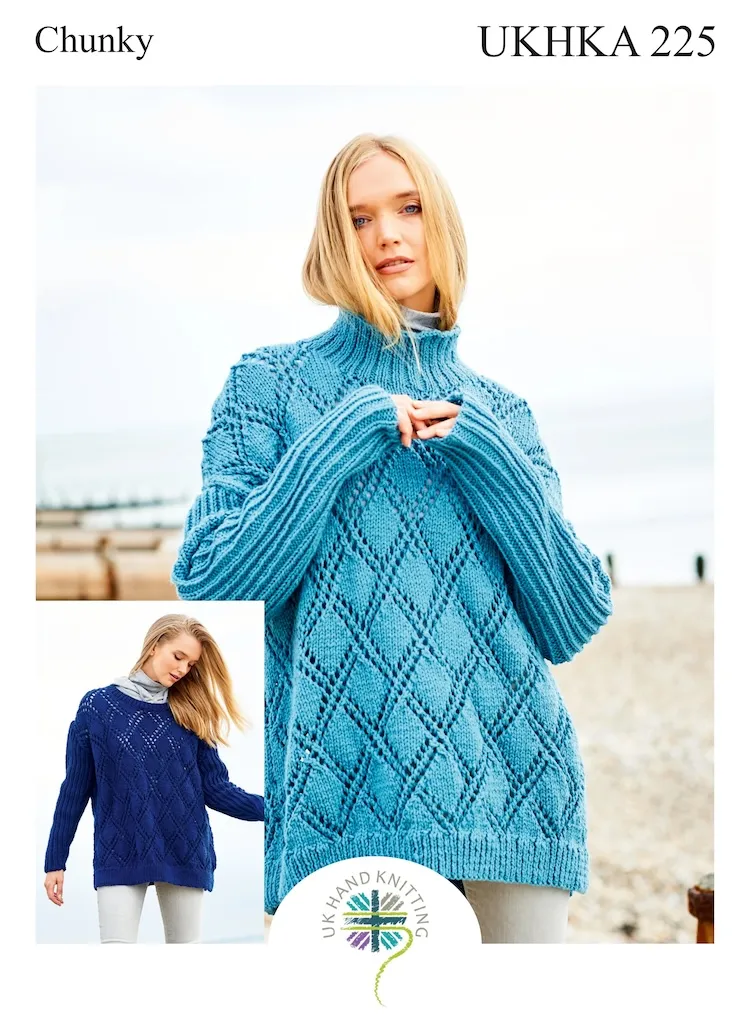 Knitting Pattern - Chunky Lace Diamond Sewater UKHKA 225