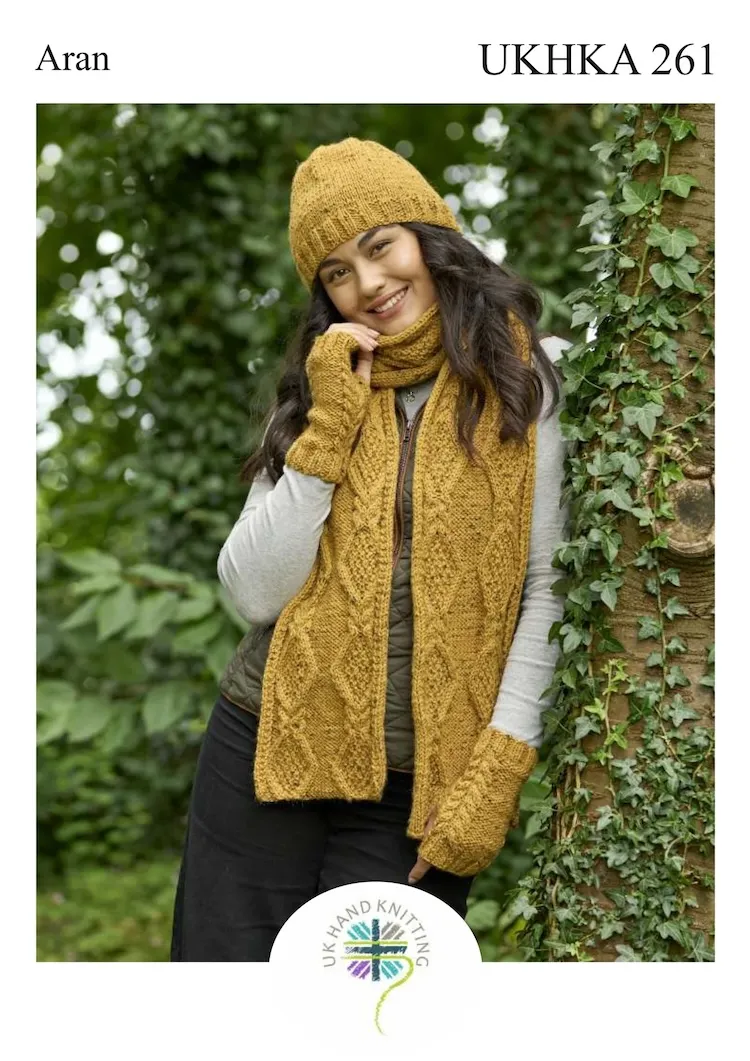 Knitting Pattern - Aran Scarf, Hat and Wristwarmers UKHKA 261