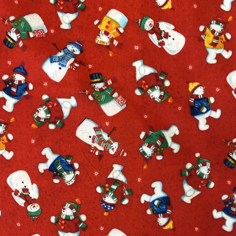 Cotton Poplin Fabric with Christmas Snowmen on Red