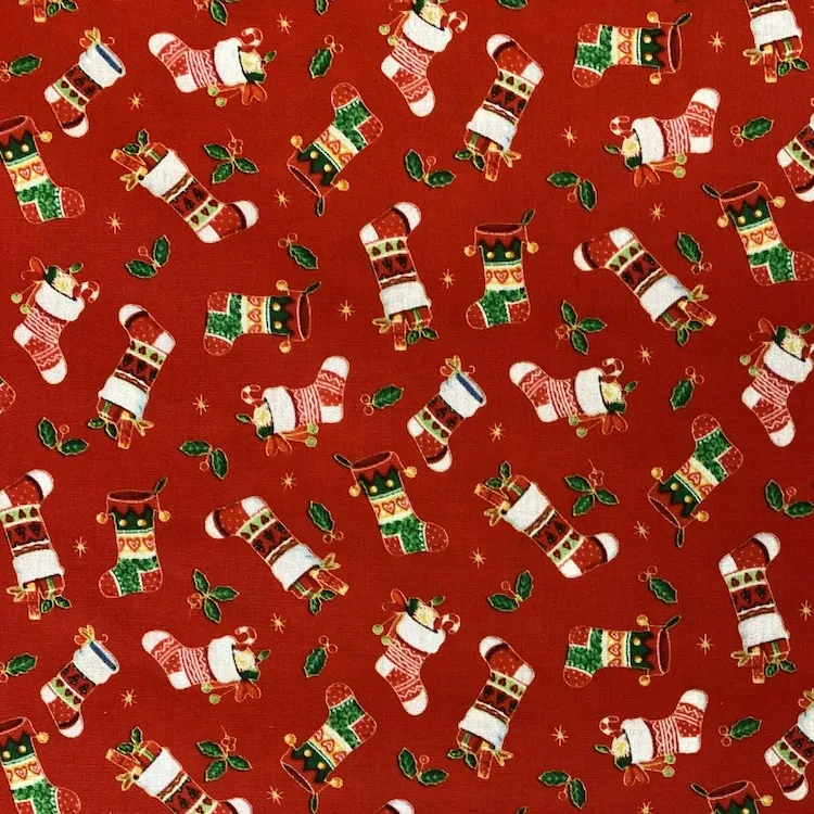 Cotton Poplin Fabric with Christmas Stockings on Red