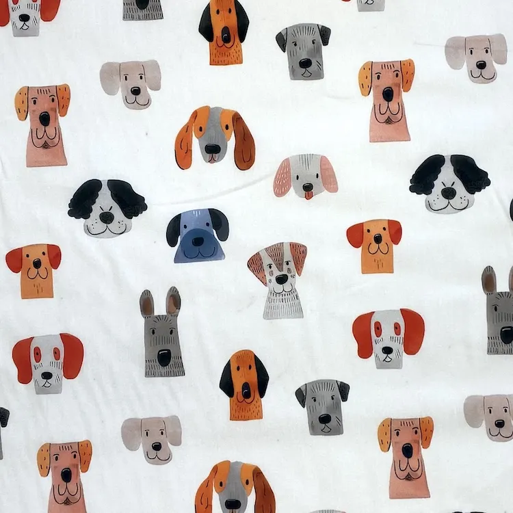 Cotton Poplin Fabric with  Cute Dog Faces on White