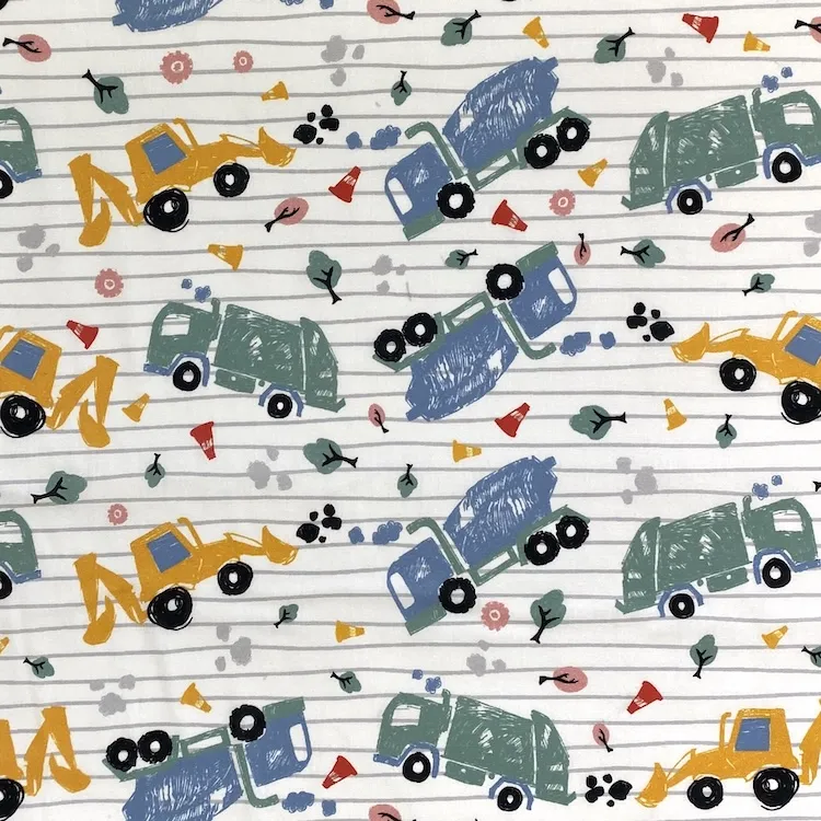 Cotton Poplin Fabric with Trucks and Diggers on White