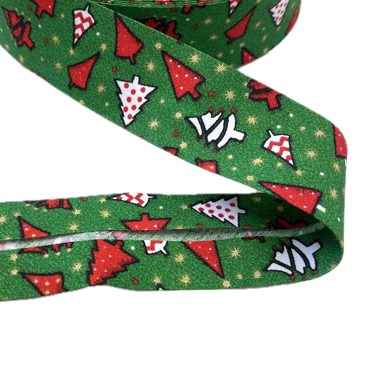 Bias Binding Christmas Trees on Green with Metallic Accents - 30mm Wide by Fany