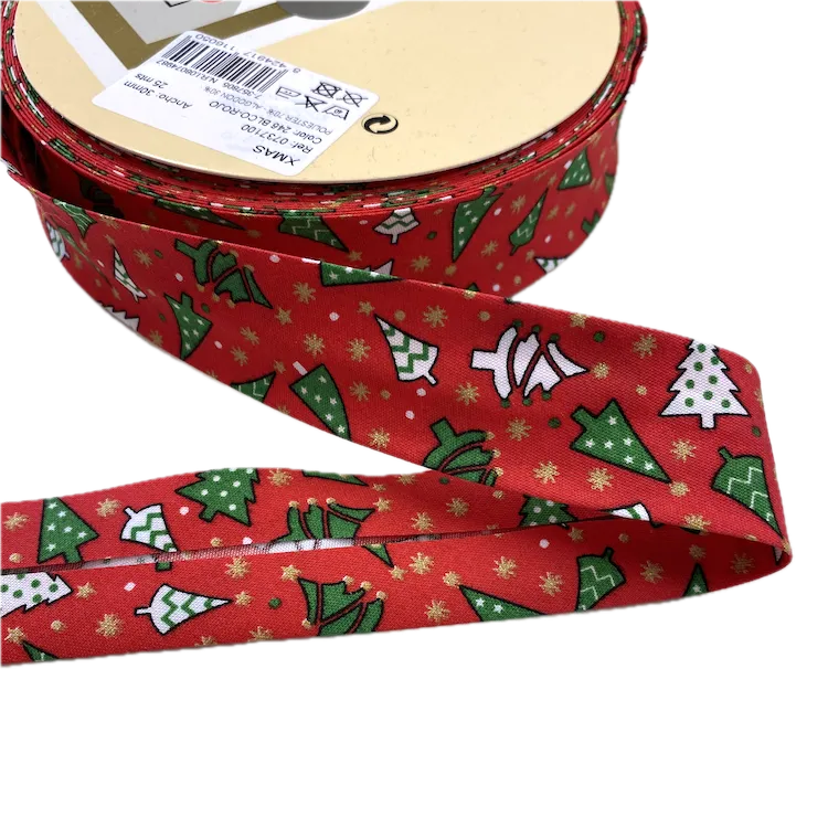 Bias Binding Christmas Trees on Red with Metallic Accents - 30mm Wide by Fany