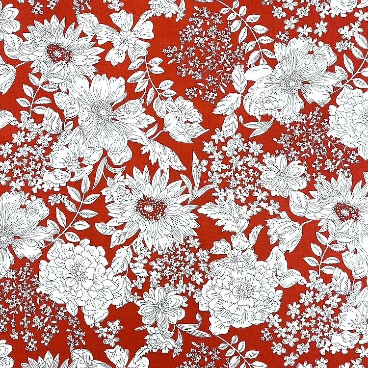 Cotton Poplin Fabric with Floral on Red