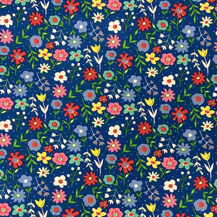 Cotton Poplin Fabric with Modern Floral on Royal Blue