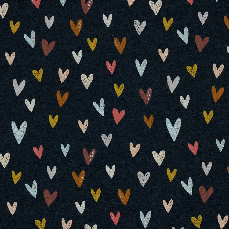 Brushed Sweatshirt Fabric with Glitter Hearts on Indigo Melange