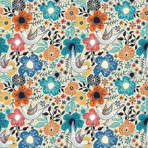 Quilting Fabric - Floral with Birds on Off White from Whimsy by Jason Yenter for In The Beginning 2WMS-1