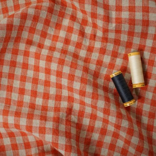 Irish Linen Fabric by Emblem Weavers from the Omey Collection - Orange and Natural Check