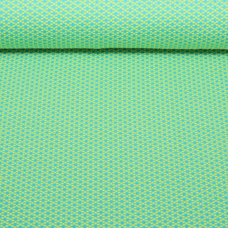 Organic Cotton Jacquard Fabric with Small Diamonds in Yellow and Turquoise