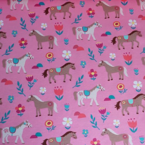 Cotton Jersey Fabric with Horses On Pink 