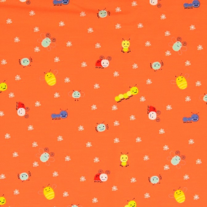 Cotton Jersey Fabric with Little Bees, Bugs and Flowers on Bright Orange