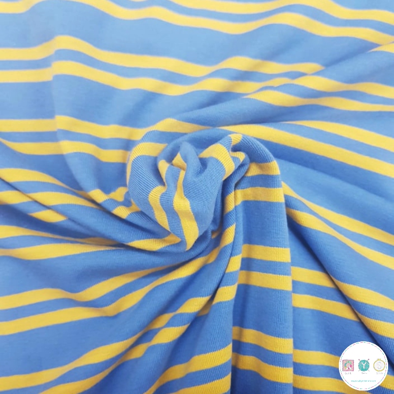 Cotton Jersey Fabric - Blue & Mustard Yellow Stripe