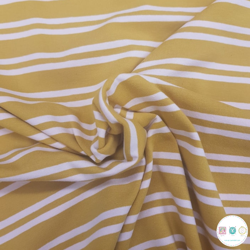 Cotton Jersey Fabric - Mustard and Pink Double Stripe