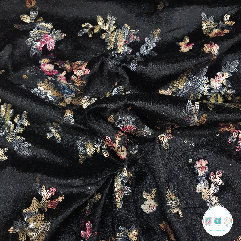  Stretch Velour Fabric - Black Floral Sequin 