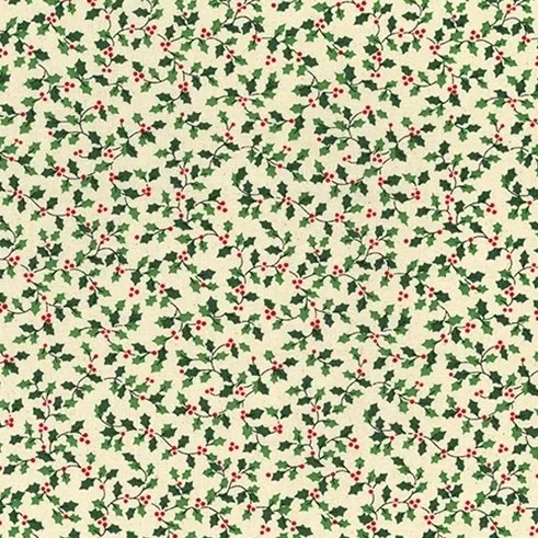 Quilting Fabric - Scandi Holly Branches On Natural Cream by John Louden