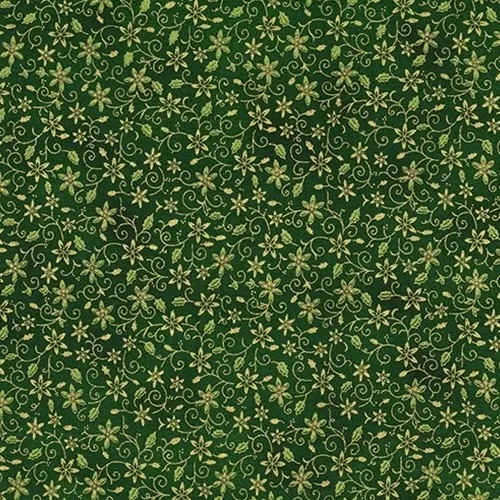 Quilting Fabric - Metallic Gold Poinsettia Vines on Green